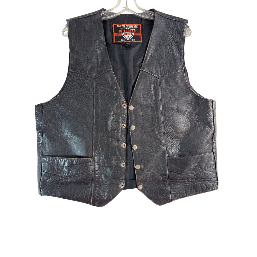 Interstate Leather Mens Black Genuine Leather Motorcycle Vest Size L Snap Front